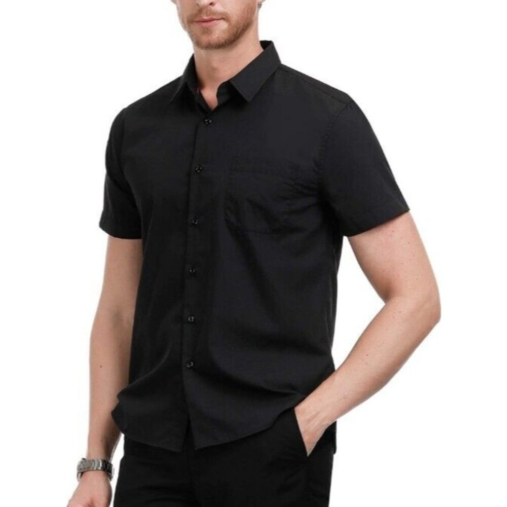 PJ PAUL JONES Mens M Black Casual Dress Shirt Button Down Short Sleeve Business - Picture 1 of 3
